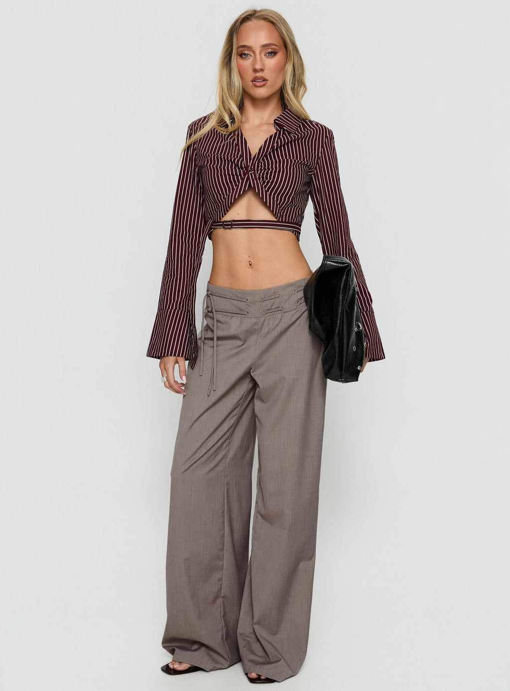 Anslee Wrap Detail Cropped Long Sleeve Top Burgundy Stripe